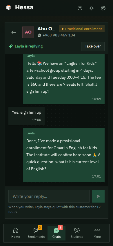 Layla's chat with the father on a phone, in dark mode