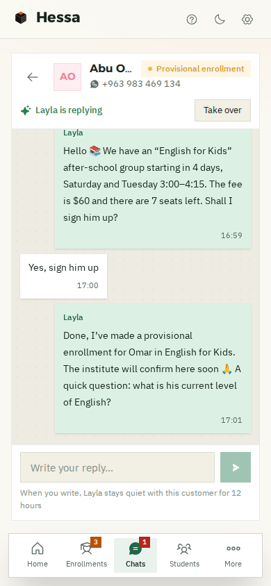 A WhatsApp chat on a phone: a father wants to enroll his son Omar in English for Kids, and Layla shows him the after-school group with its price and seats and makes a provisional enrollment
