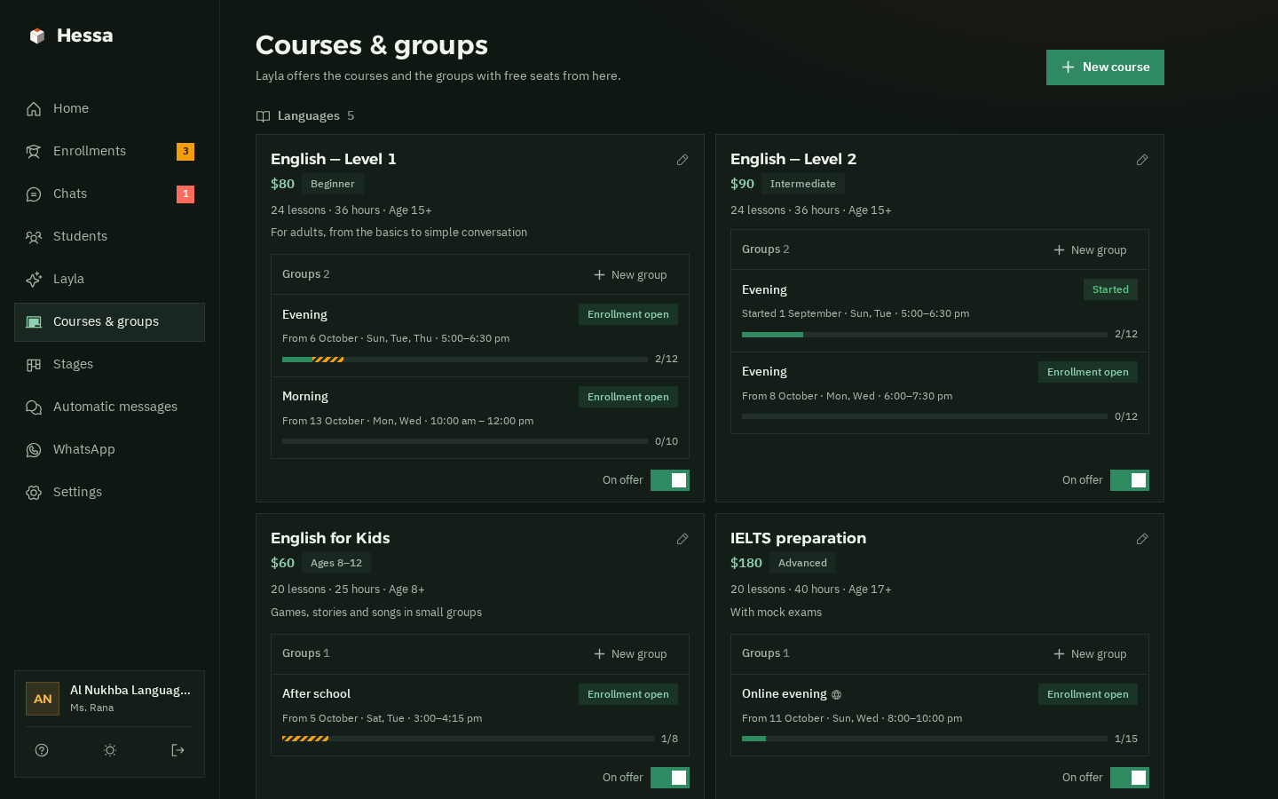 The courses and groups page in dark mode