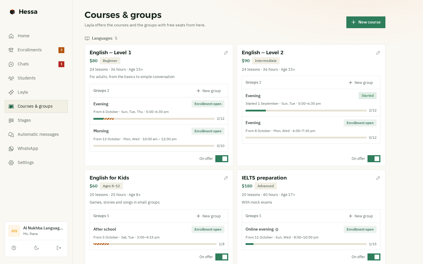 The courses and groups page: coding and school-support courses, each with its price, level, sessions, hours and age, their groups with seat bars, and a “Shown” switch