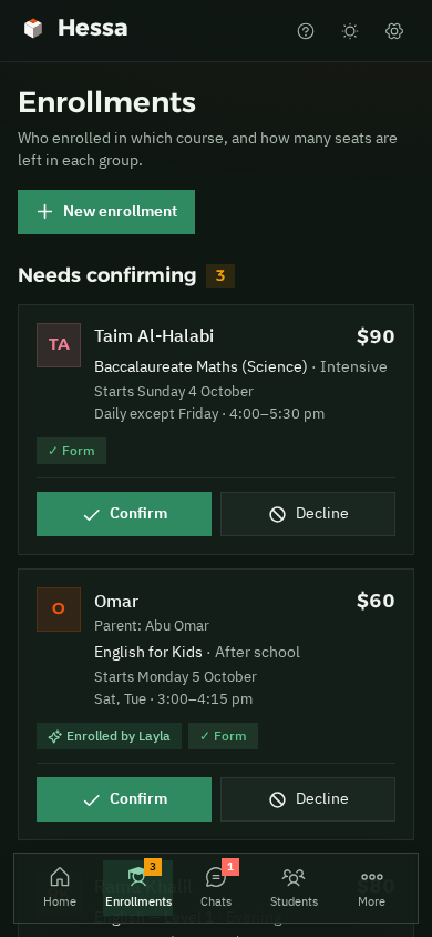 Enrollments on a phone in dark mode