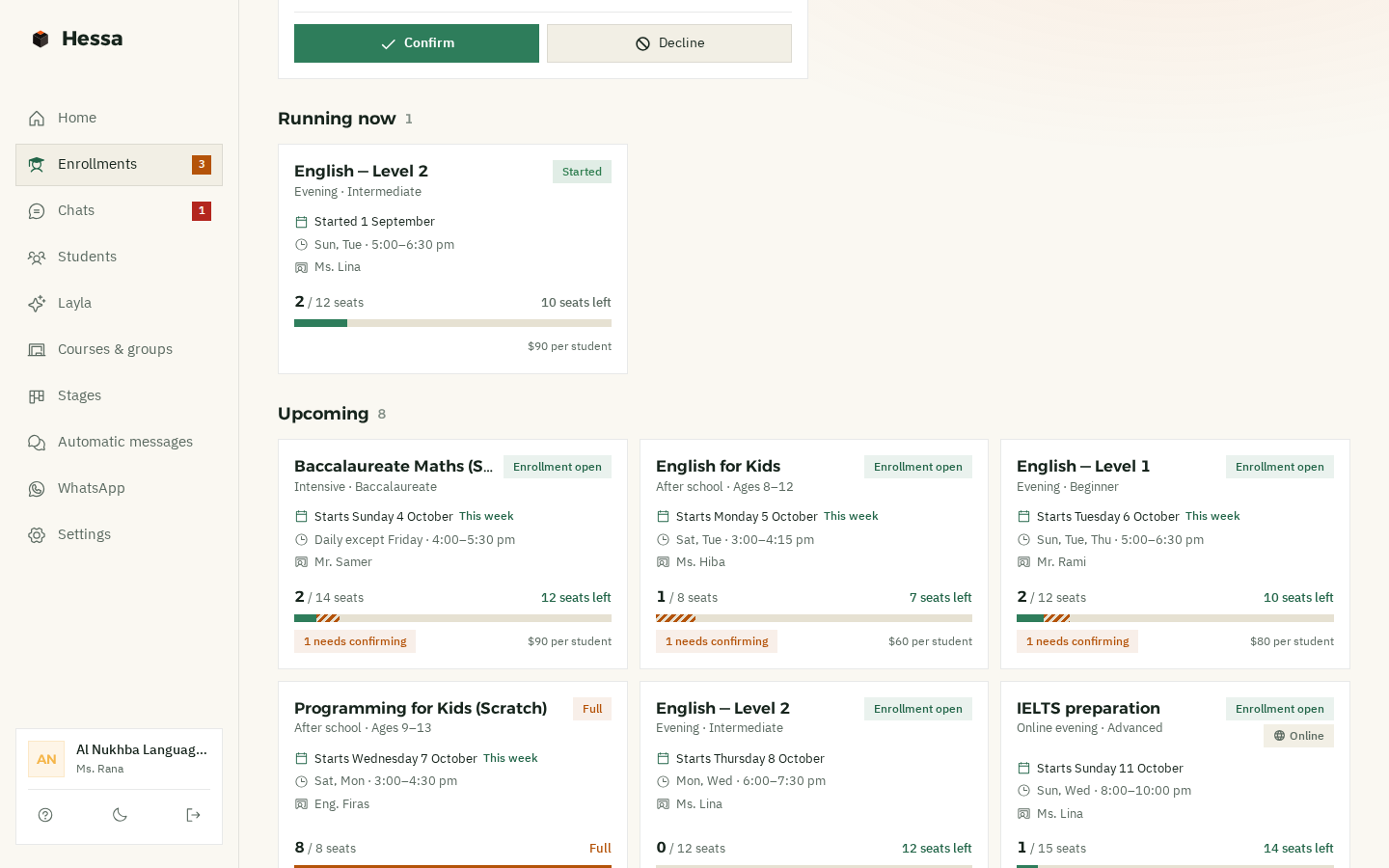 Upcoming groups on the enrollments page: each with its start date, days, time and teacher, and a seat bar showing “10 seats left” and “7 seats left”, and a Coding for Kids group marked “Full”